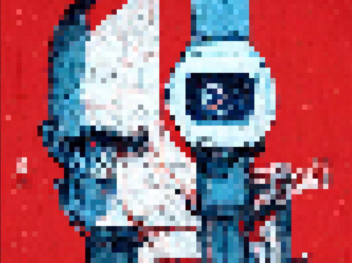 a blurry pixelated white and blue face on a red background, covered by a watch, producing smart contracts development