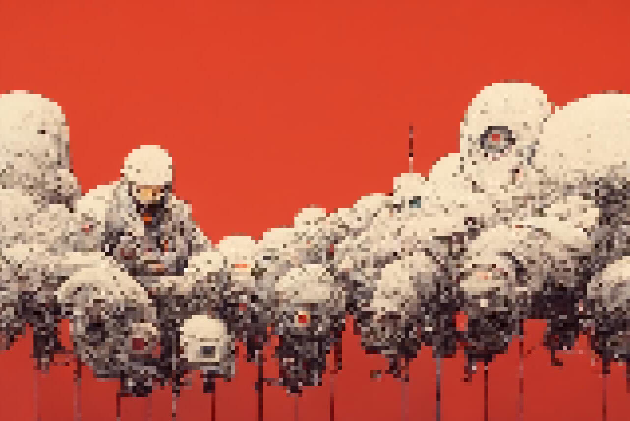 a spacesuited man controls a herd of helmet-look robots who assist to create white paper for crypto investors and crypto funds