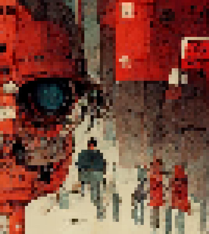 a red pixelated robotic face staring at the blurred figure of tokenomist who make tokenomics design and tokenomics consulting