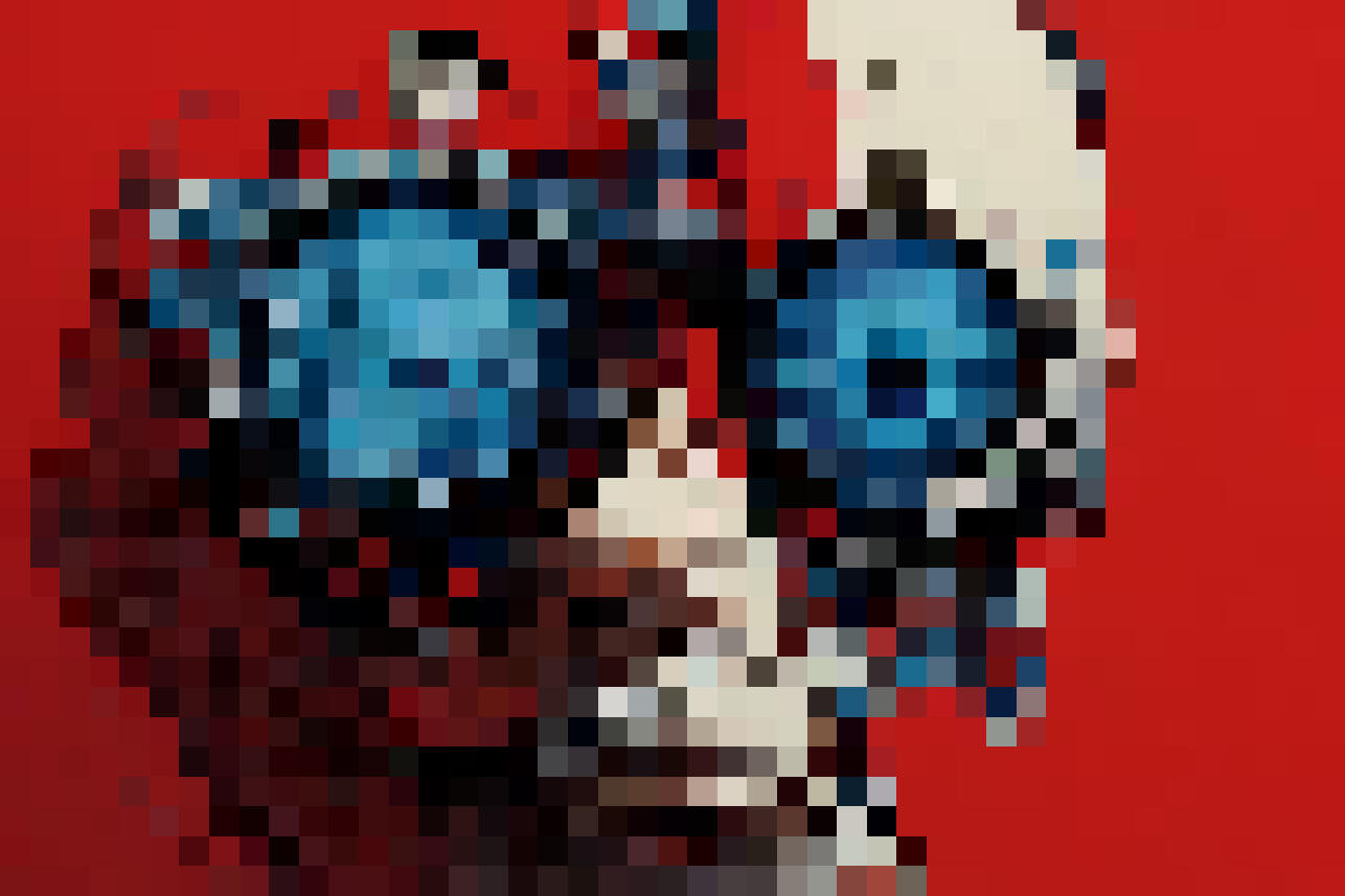 Pixelated robot face in blue glasses on a red wall assisting to make conversion optimization and customer acquisition cost