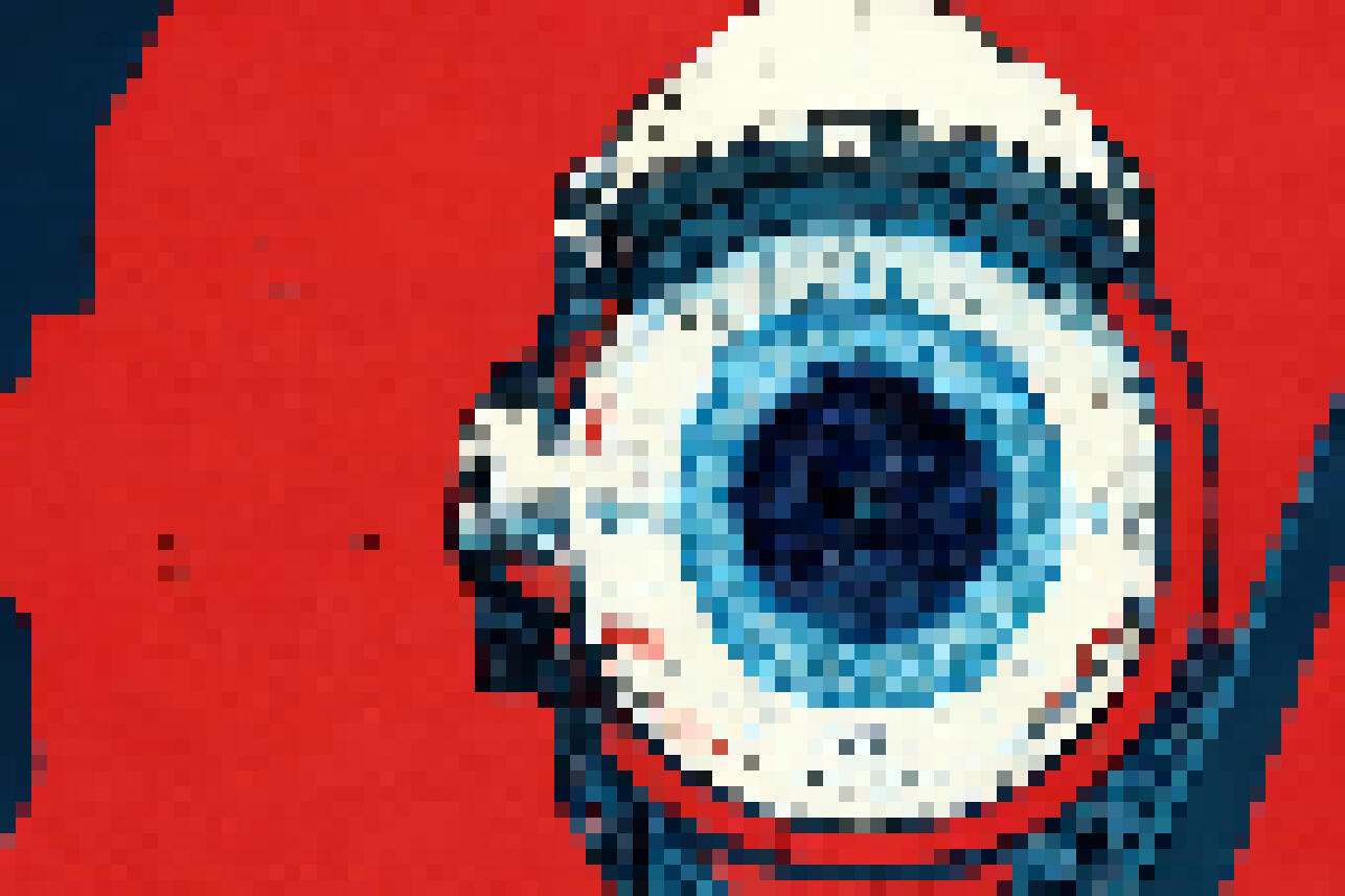Oversized pixelated blue eye on a red background looking for web3 influencers and crypto influencers