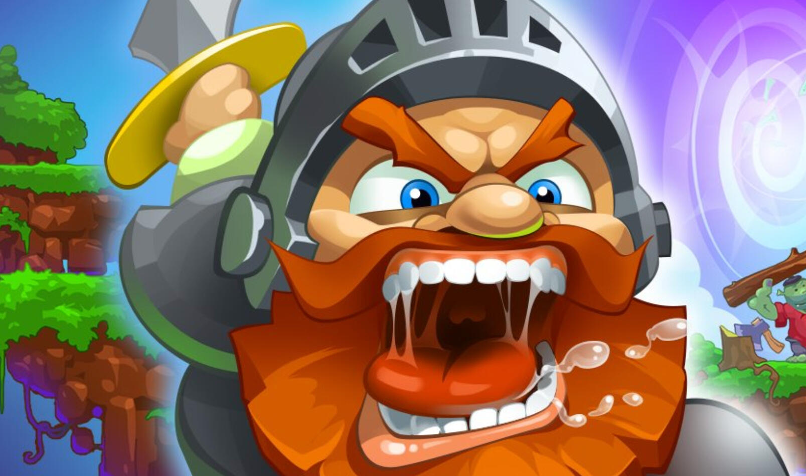 A game animated character, used in NFT game marketing, with a red beard and mustache in armor and a helmet with a sword