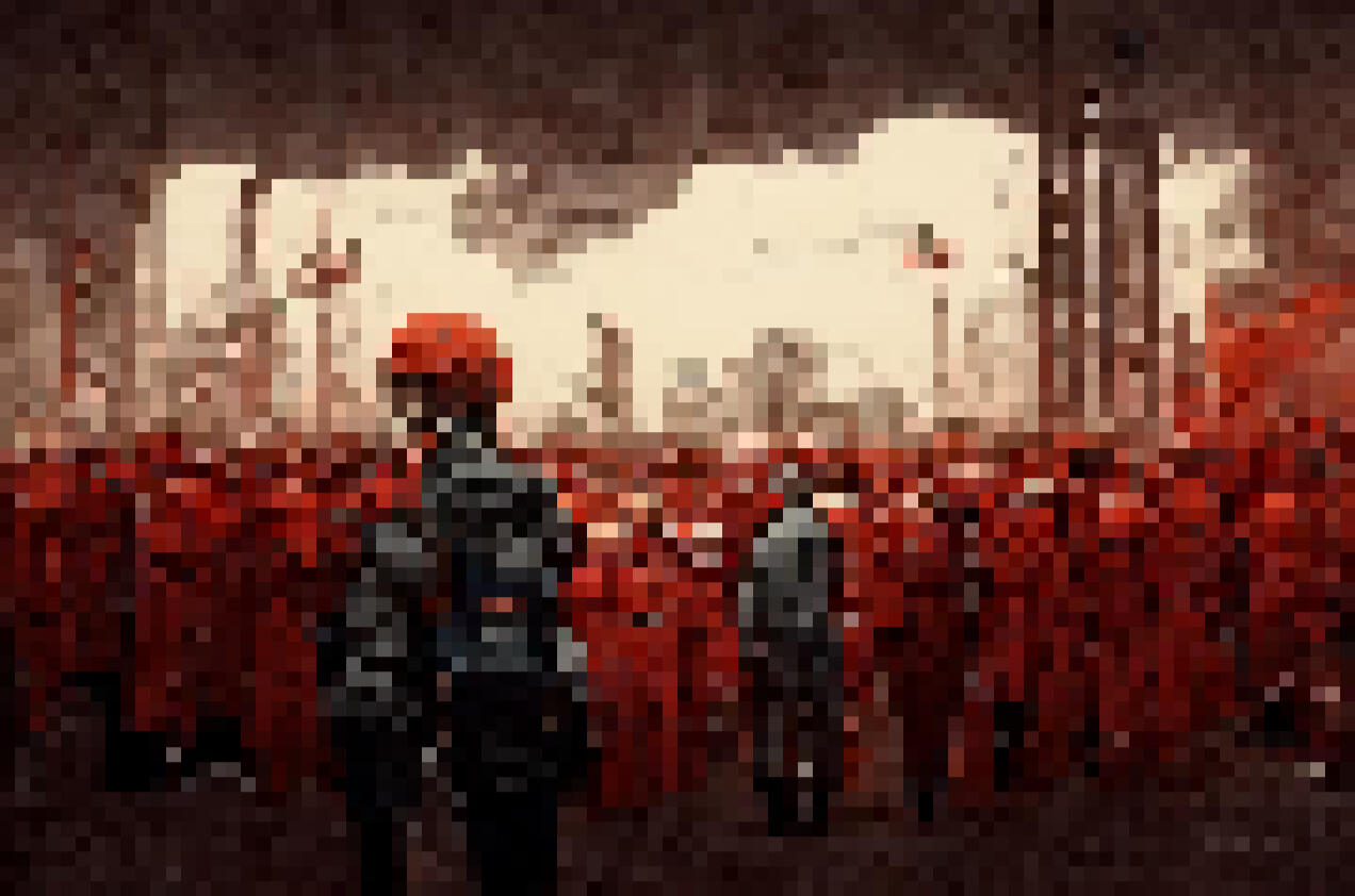 a pixelated man in a red helmet, arranging nft listing, make nft game marketing and run nft sale, in front of a blurred crowd