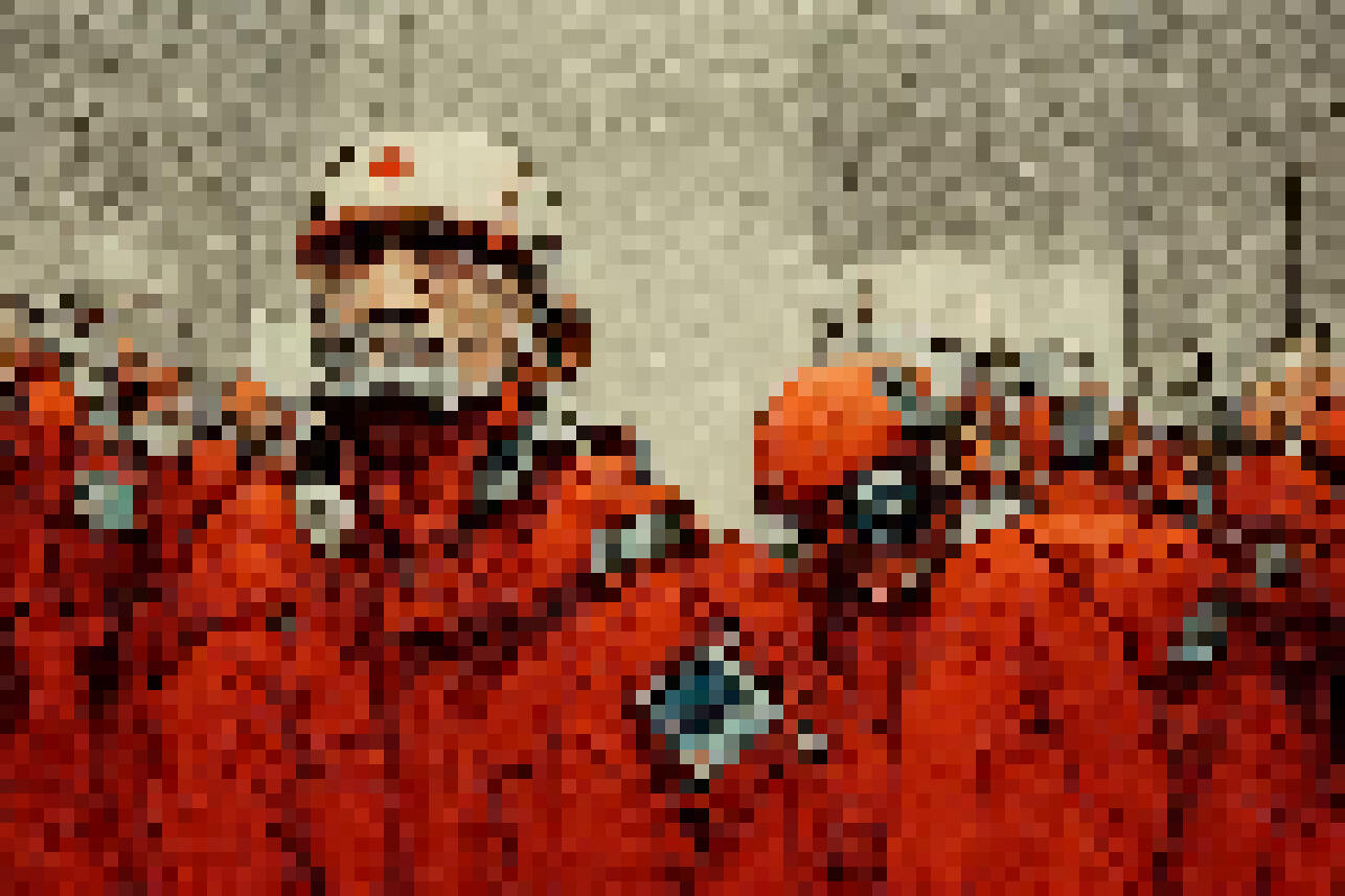 blurred pixelated crowd of people in helmets and orange overalls, making unit-economy and mobile game monetization strategies