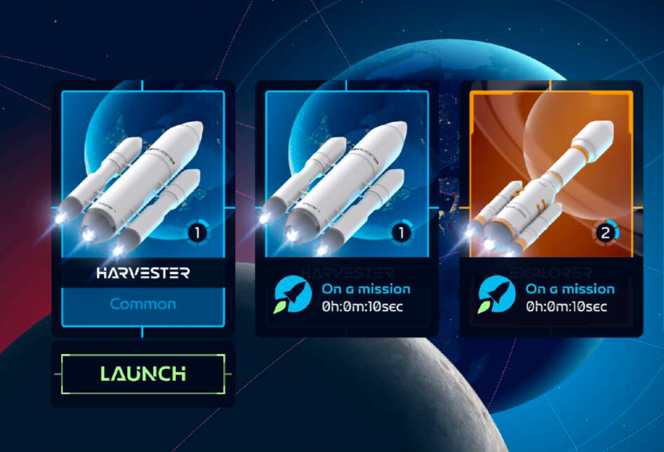 P2E mobile game interface with 3 types of game NFT displaying rockets prepared for launch in front of dark blue space